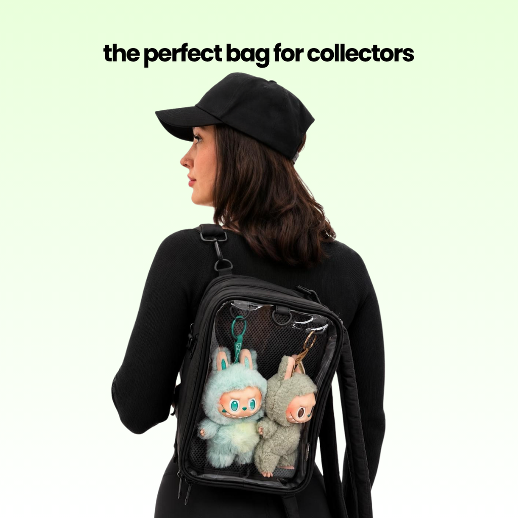 Woman wearing the Pin Collectors Backpack with plush figures in the clear display