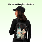 Woman wearing the Pin Collectors Backpack with plush figures in the clear display