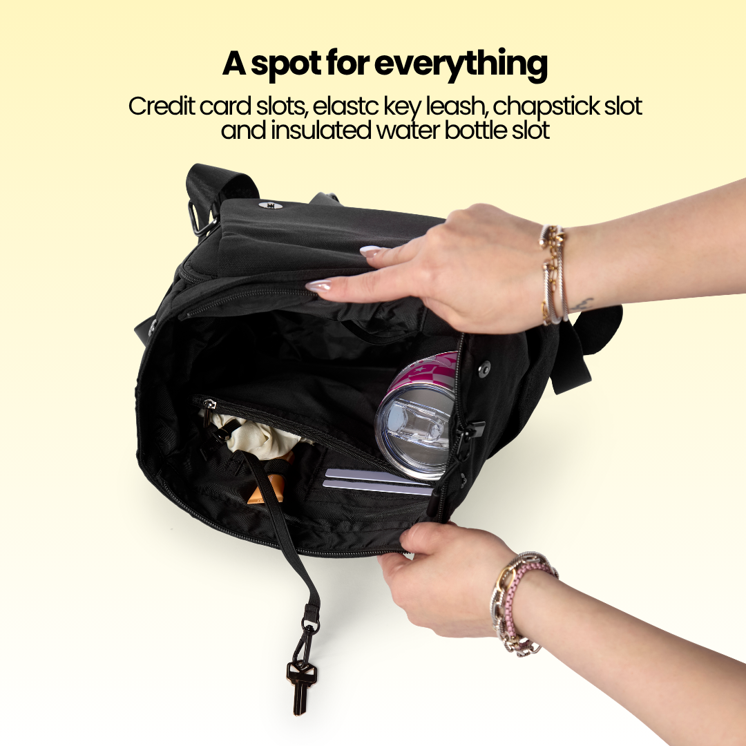 A spot for everything: card slots, key leash, chapstick slot and insulated water bottle slot
